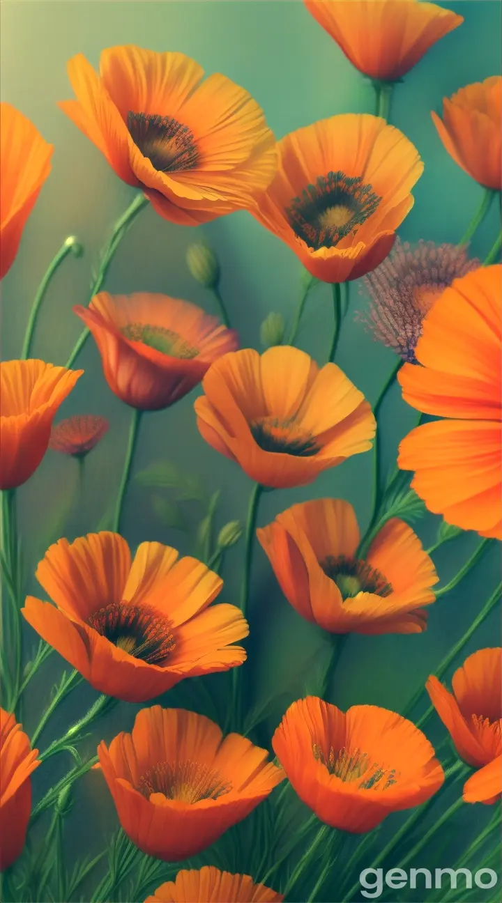 Magical Bright orange California poppies drawn with colored pencils