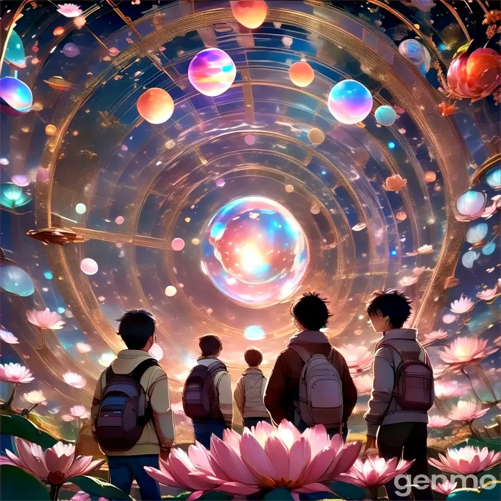 a group of people standing in front of a flower, planets turn on their axis and people talk and dance 