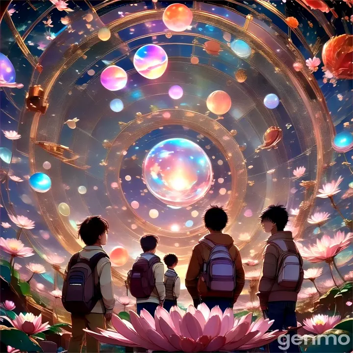 a group of people standing in front of a flower, planets turn on their axis and people talk and dance 