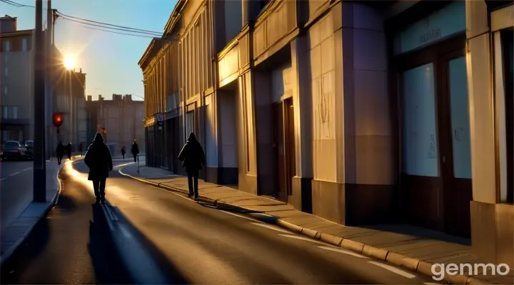 a person walking down a street next to tall buildings