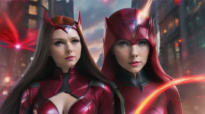 marvel action:Wanda Maximoff (Scarlet Witch) and Vision(man with red head):Vision materializes beside her, both gazing upwards.