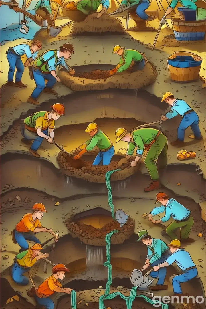 a group of people digging into a hole