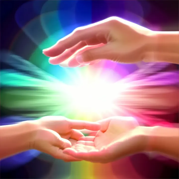 two hands reaching towards each other in front of a colorful light