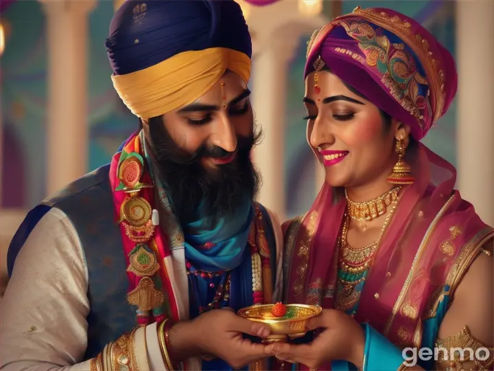 Sikh couple making an offering at a Gurudwara, lit by vibrant colors and patterns that convey auspicious blessings