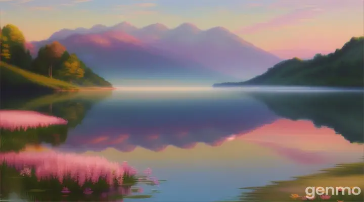 Create a serene landscape featuring a peaceful lakeside at sunrise. The scene includes calm, reflective water with soft ripples, surrounded by lush greenery and blooming flowers. In the background, gentle mountains rise under a soft, pastel sky with hints of pink, orange, and blue. 