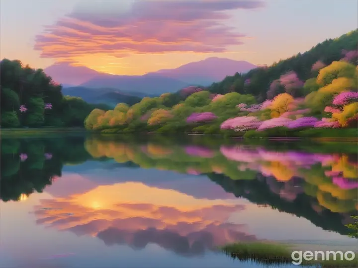 Create a serene landscape featuring a peaceful lakeside at sunrise. The scene includes calm, reflective water with soft ripples, surrounded by lush greenery and blooming flowers. In the background, gentle mountains rise under a soft, pastel sky with hints of pink, orange, and blue. As