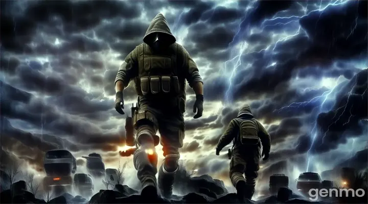 a man in a gas mask walking through a storm