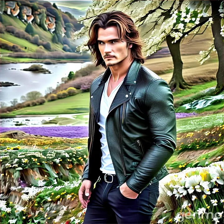 a realistic man in a leather jacket standing in a field of flowers