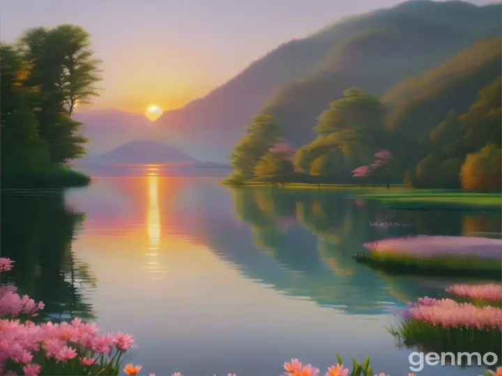 Create a serene landscape featuring a peaceful lakeside at sunrise. The scene includes calm, reflective water with soft ripples, surrounded by lush greenery and blooming flowers. In the background, gentle mountains rise under a soft, pastel sky with hints of pink, orange, and blue. As