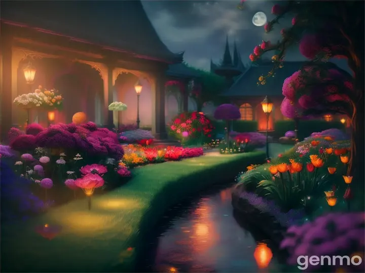 Moonlit garden with exotic flowers, surrealistic style, digital art