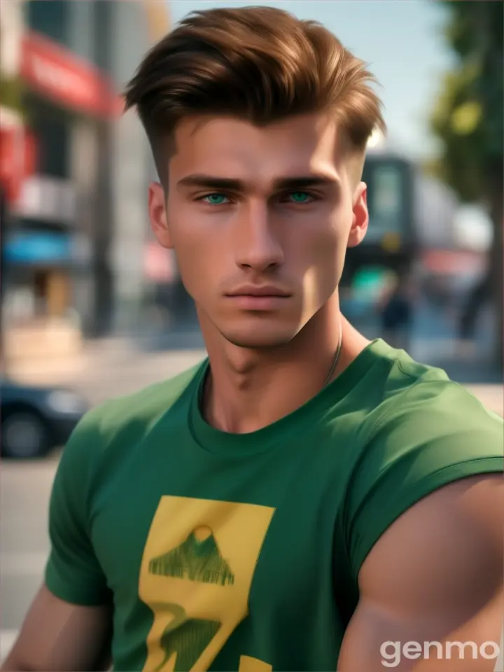 "A photorealistic portrait of an 18-year-old male model, don a trendy graphic 