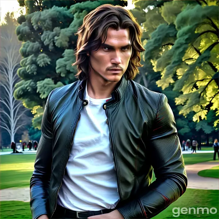 a realistic cinematic man in a black leather jacket standing in a park