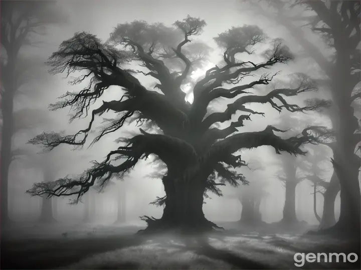 A dark, eerie forest in Uttarakhand with a sinister old tree at its center, surrounded by thick fog and shadows.