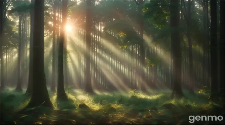 A lush, mystical forest at dawn, with soft light filtering through the trees (widescreen)
