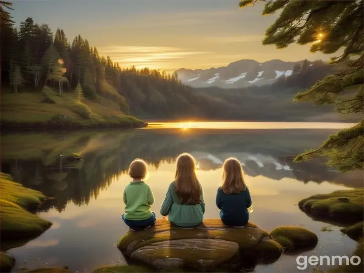 Mother and children sitting on a mossy rock at the edge of a serene mountain lake, watching as a family of deer pause at the water's edge