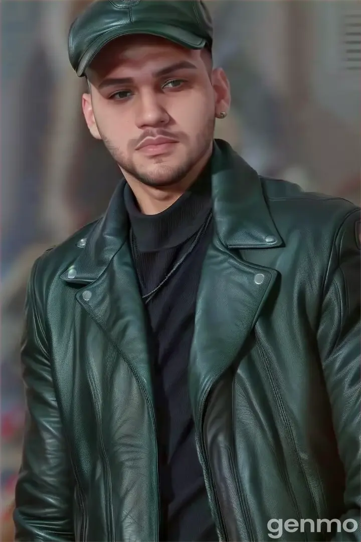 a man in a black shirt and a green leather jacket