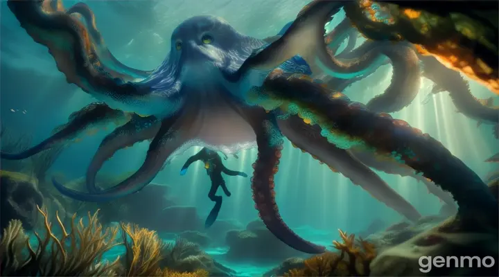 magic blue underwater forest. A man walks in and is confronted by a giant octopus.