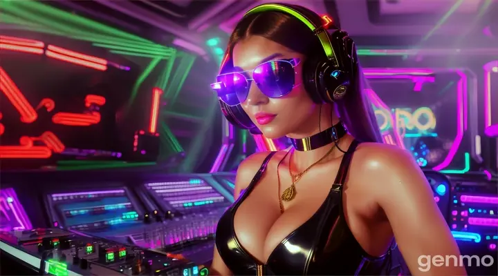 A slender woman with a bigger bust than usual in steampunk sunglasses, shiny headphones and a low-cut latex swimsuit stands near a DJ's mixing console and an electric piano in a steampunk club. A minimum of clothes. Laser beams of bright colors on the background of large television screens.