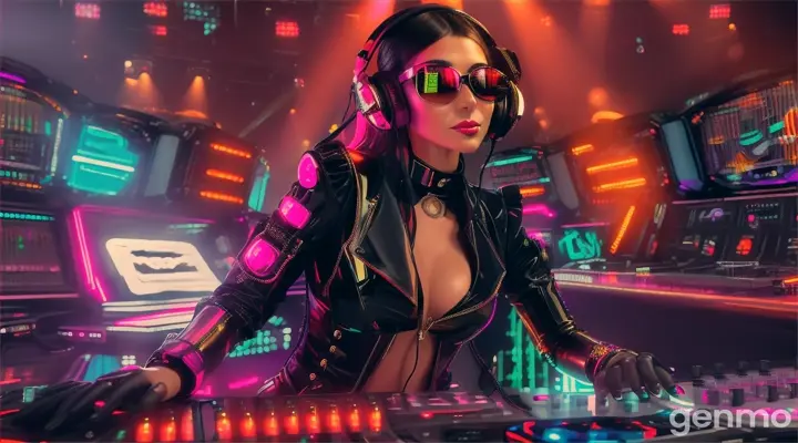 A slender woman with a bigger bust than usual in steampunk sunglasses, shiny headphones and a low-cut latex swimsuit stands near a DJ's mixing console and an electric piano in a steampunk club. A minimum of clothes. Laser beams of bright colors on the background of large television screens.