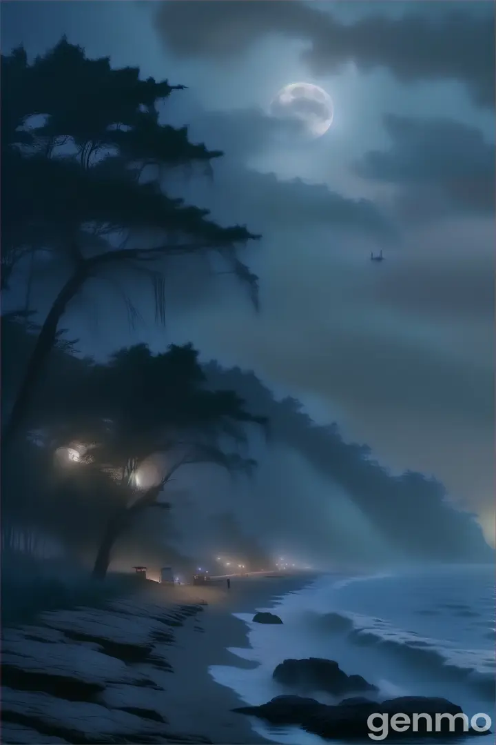 a foggy night on the beach with a full moon