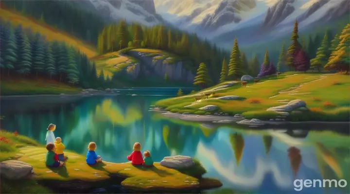 A mother and her children sit on a mossy rock at the serene edge of a mountain lake, quietly watching a family of deer approach and pause to drink. The scene exudes calm and a deep connection to nature, as the family observes the deer with curiosity and admiration.