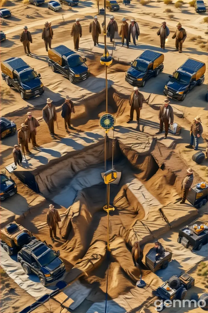 a group of men standing around a group of trucks