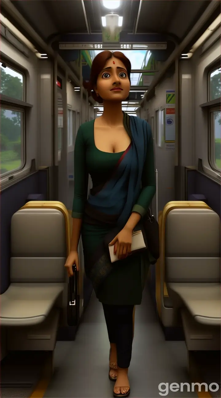 The empty train compartment with the space where the figure sat now vacant. The view should capture Sujata’s shocked and confused expression as she looks around, highlighting the sudden absence of the mysterious Animation 3D Cartoon 