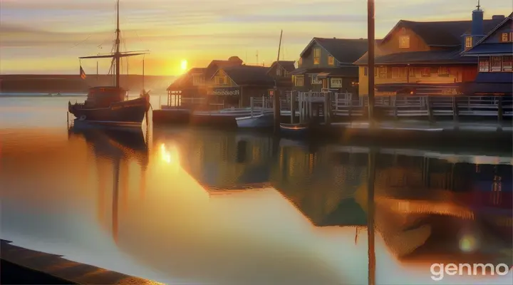 Old fisherman's wharf at sunrise, etching on copper plate, capturing fine details and the play of light