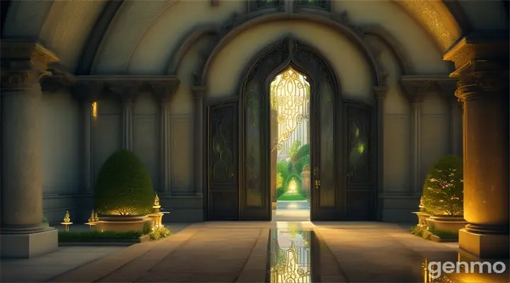 An ancient door opening to a bright light, showing a path that leads to a lush, radiant garden, representing the beginning of eternity with Christ