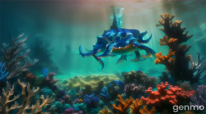 magic blue underwater forest. A man walks in and is confronted by a giant octopus.