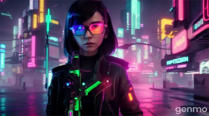 girl in neon glasses shooting in cyberpunk city