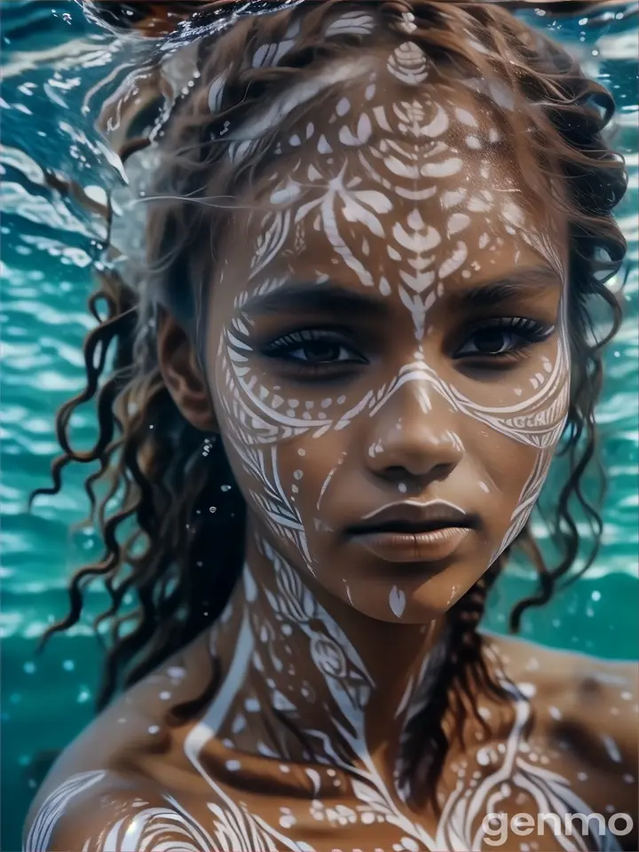 a woman with white face paint under water