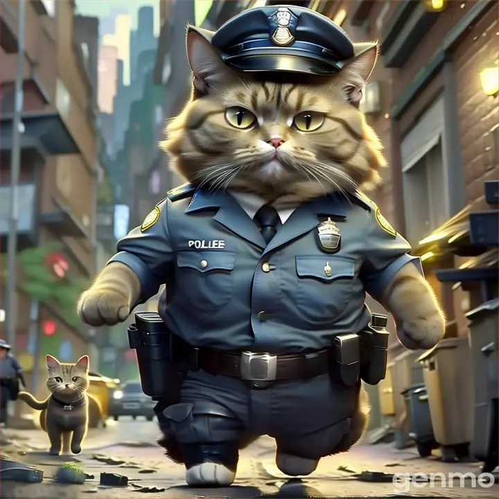 a cat in a police uniform walking down a street