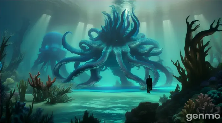 magic blue underwater forest. A man walks in and is confronted by a giant octopus.