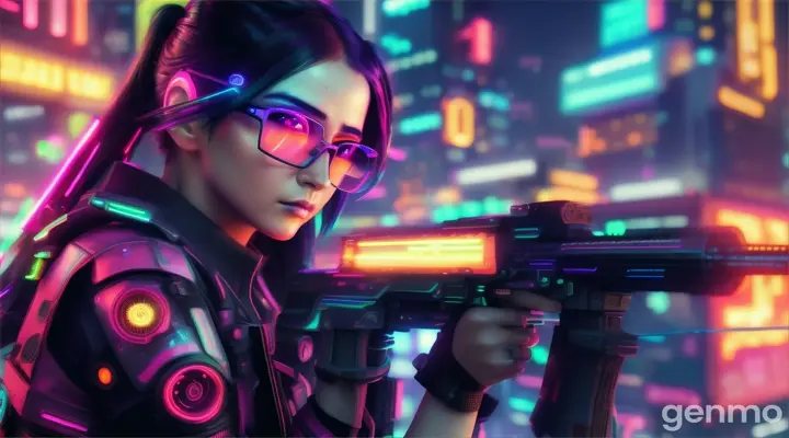 girl in neon glasses shooting guns in cyberpunk city