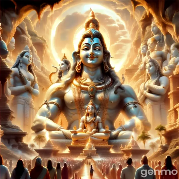 a group of people sitting in front of lord shiva is smiling tahey are doing preyer 