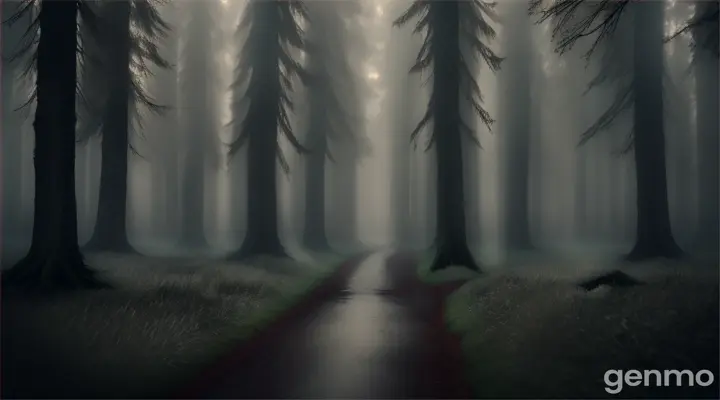 A dark, foreboding forest with dense trees and eerie mist