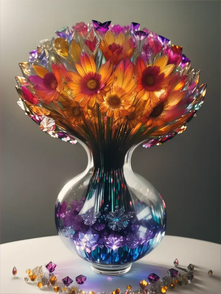 a glass vase with flowers inside of it, made of multicolored crystals, made of colorful dried flowers, crystals enlight the scene, crystal lighting, made of crystals, crystal lights, realistic glass sculpture, crystal color, colorful glass art, luminous sparkling crystals, made of crystal, glass sculpture, glowing crystals, crystal forest, made of dried flowers