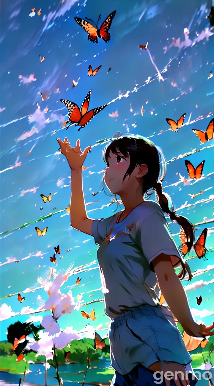 a girl standing in a field with a butterfly in her hand