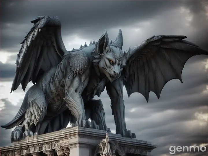 Realistic Gargoyle on a tall building corner coming to life in erie lighting