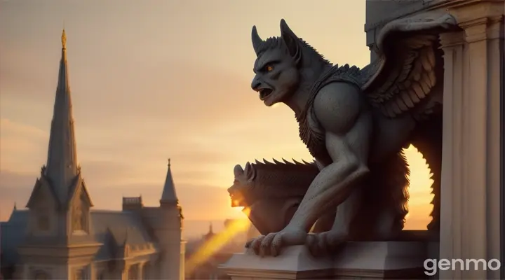 A realistic gargoyle statue on the top of a historic building that appears to be coming to life in the warm light of a setting sun. Mke the video seamless.