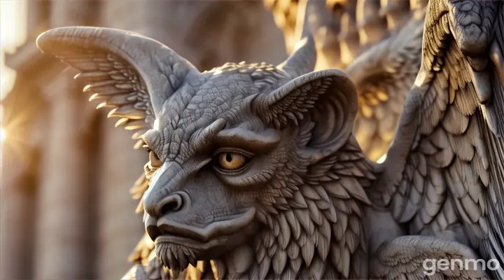 A realistic gargoyle statue on the top of a historic building that appears to be coming to life in the warm light of a setting sun. Mke the video seamless.