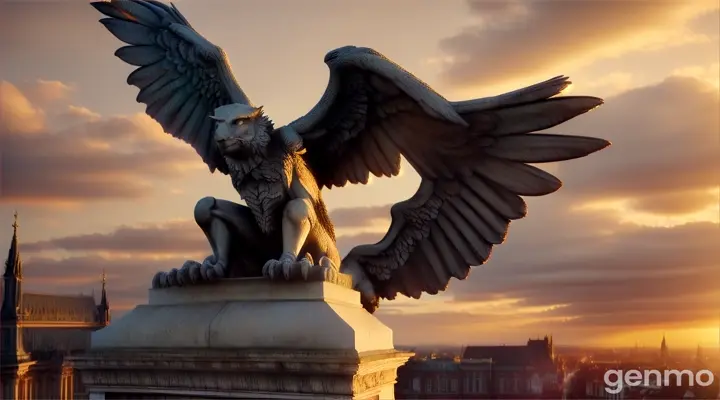 A realistic gargoyle statue on the top of a historic building that appears to be coming to life in the warm light of a setting sun. make the video seamless.