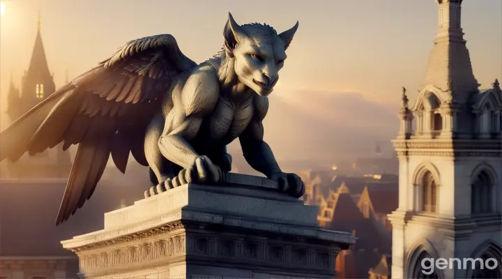 A realistic gargoyle statue on the top of a historic building that appears to be coming to life in the warm light of a setting sun. make the video seamless.