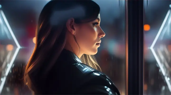 A beautiful woman standing by a rain-streaked window, looking out to a magnificent cityscape lit up at night