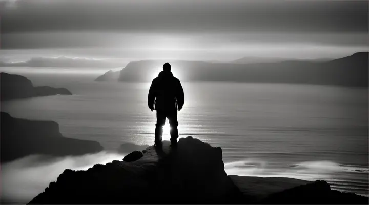 silhouette of person standing on top of a mountain, wave energy leaves there body like a pulse 