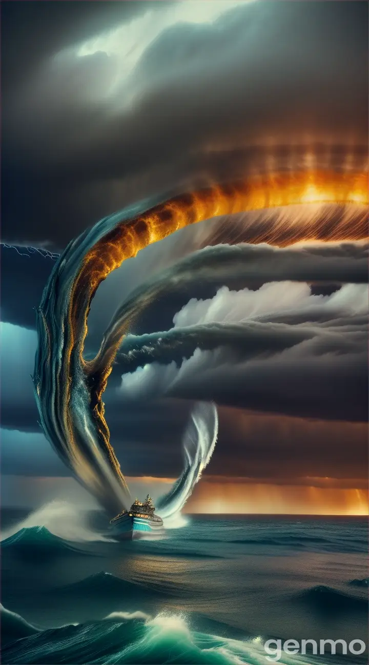 A cinematic depiction of a biblical scene with the Leviathan battling a powerful storm at sea. The creature's enormous form is entangled with massive lightning bolts, which strike its body but do no harm. The stormy sky is filled with thunderclouds and rain, while the ocean is a maelstrom of violent waves. The Leviathan appears almost unstoppable, as its sheer size and power dominate the chaotic environment