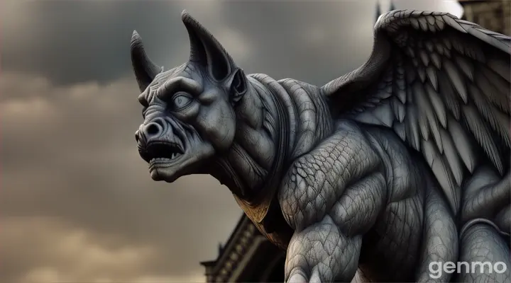 A realistic gargoyle statue on the top of a gothic building that appears to be coming to life in the erie lighting. make the video seamless, without just going forward and backward.