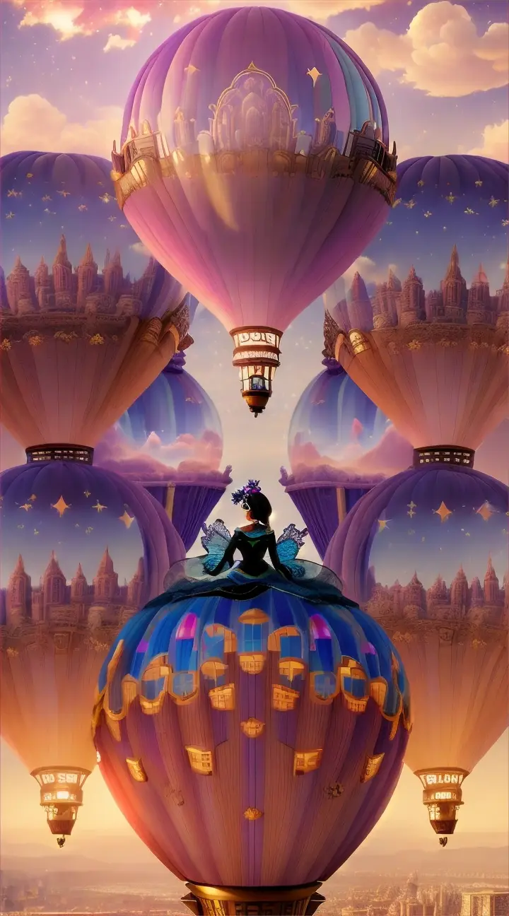 A beautiful woman standing at a window overlooking a fantastical cityscape, complete with floating islands and colorful hot air balloons