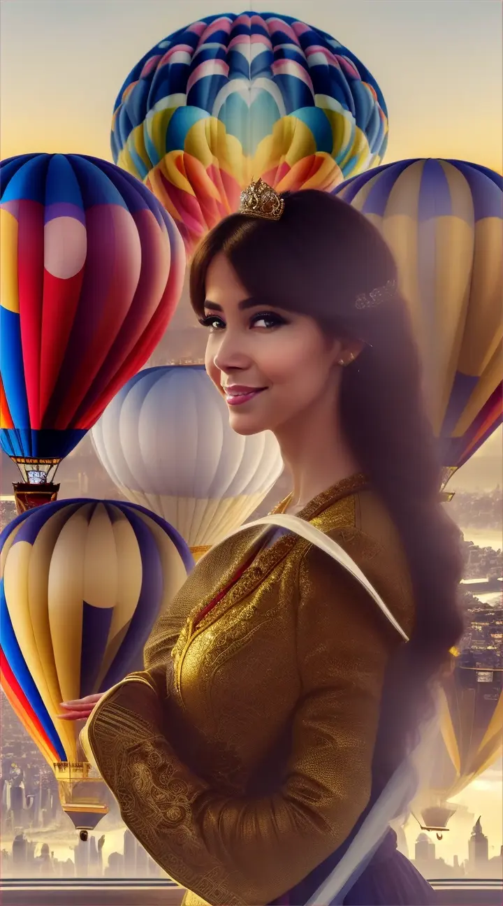 A beautiful woman standing at a window overlooking a fantastical cityscape, complete with floating islands and colorful hot air balloons